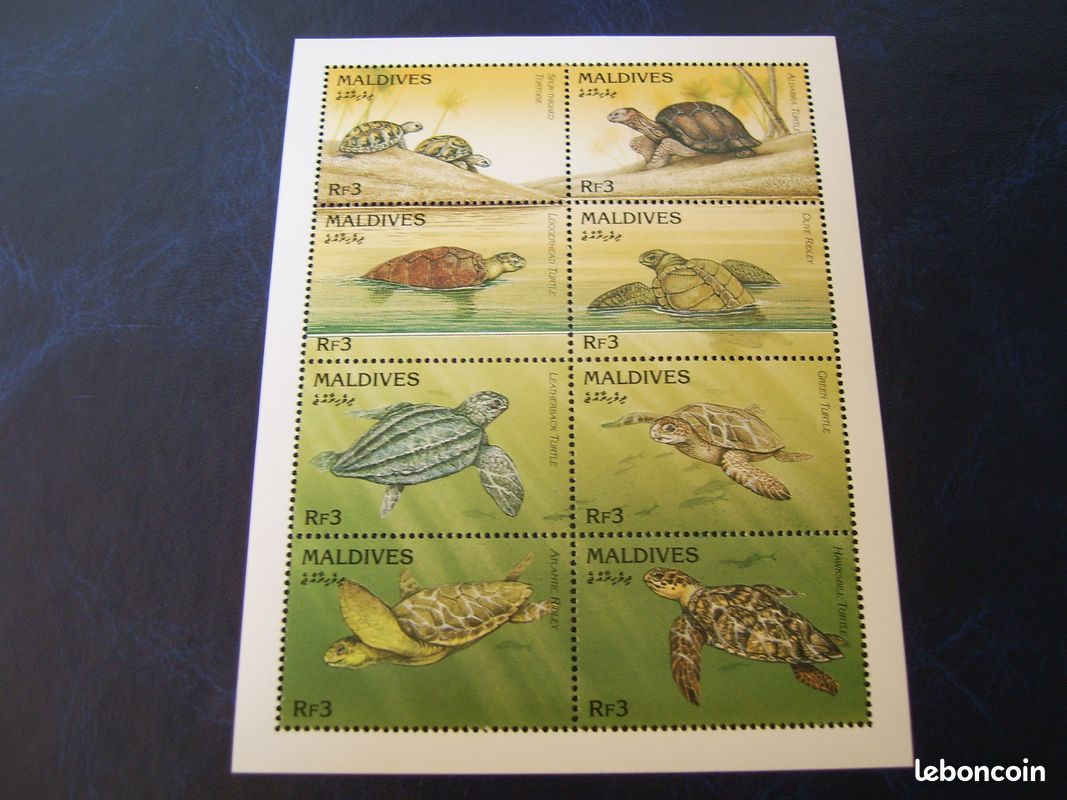 Bloc 8 timbres animaux tortue Maldives NO 1F - 1