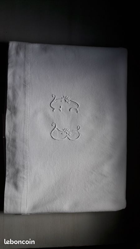 Drap ancien Monogramme GB en coton blanc - 1