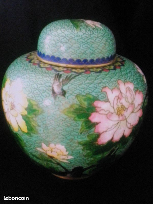 Ancien pot vase chinois bronze émaillé céladon cloisonné - 1